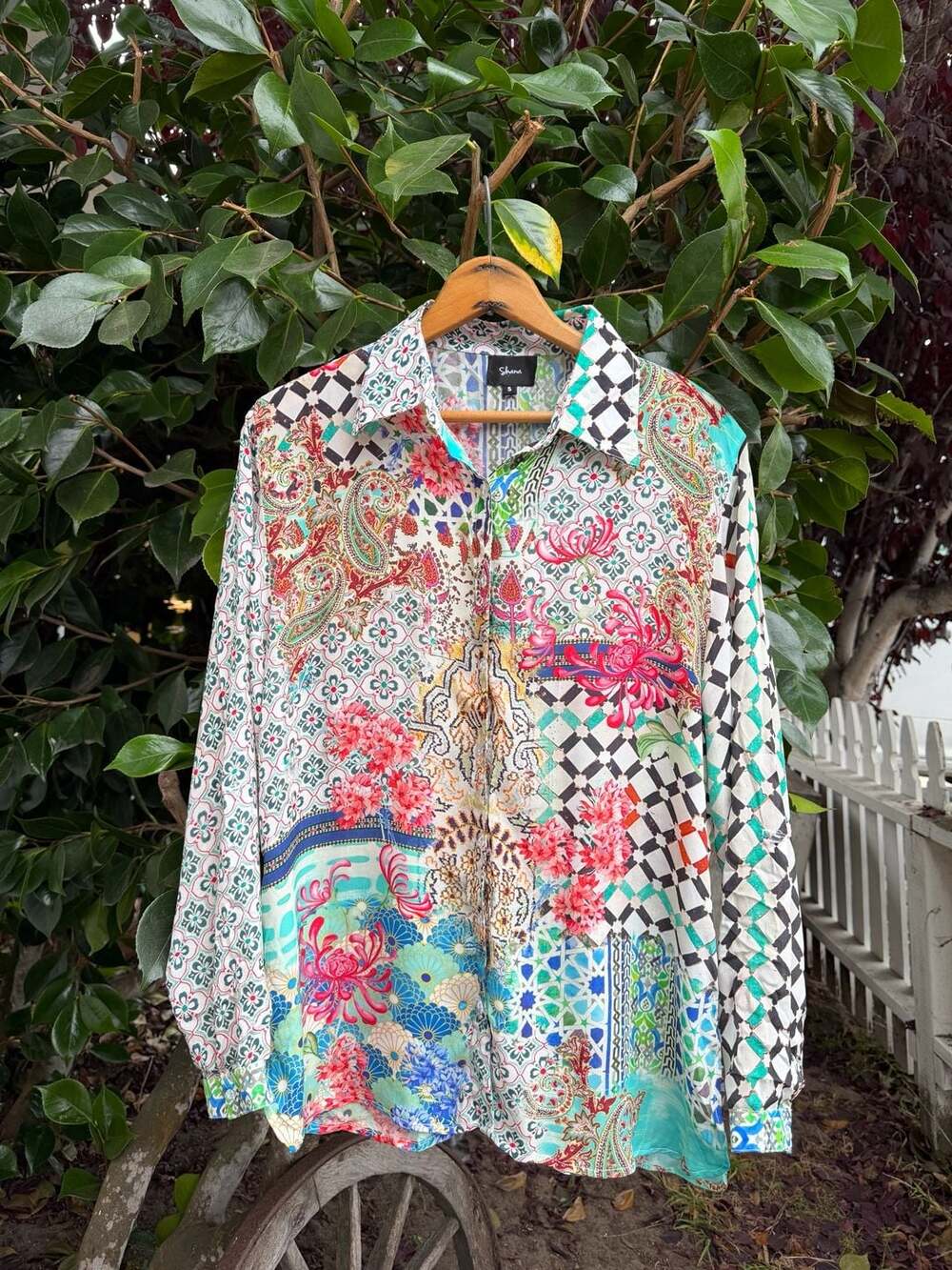Shana 100% Viscose Silk Long Sleeve Multi-Pattern Patchwork Button-Down Shirt